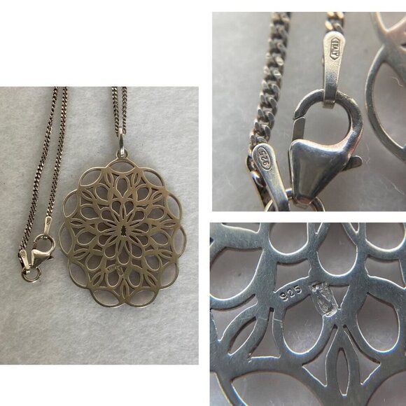 Sterling Silver 925 Oval Pierced Filigree Scrollwork Pendant Necklace 17.5" - Picture 9 of 16